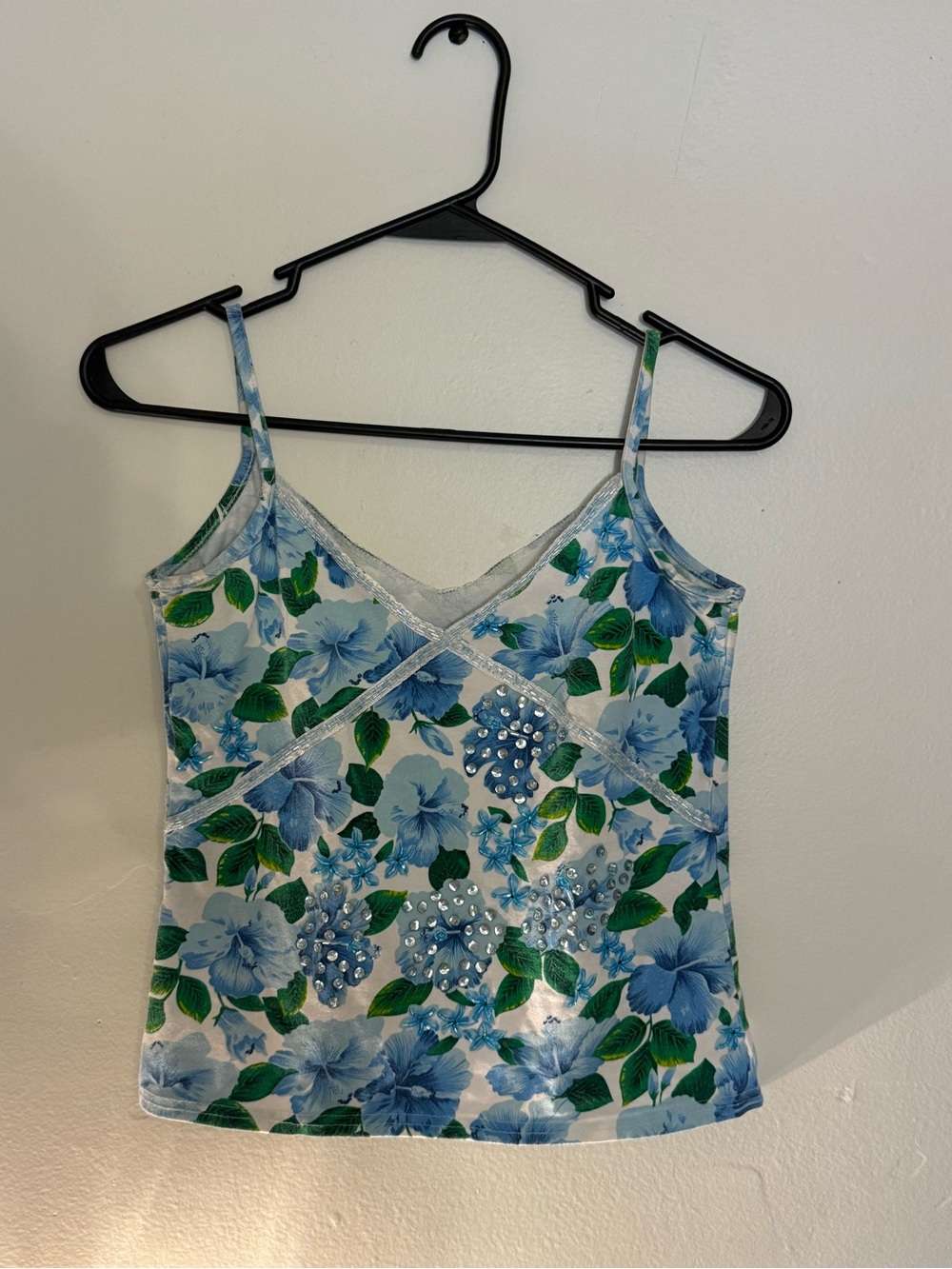 Floral V-Neck Spaghetti Strap Tank Top - Blue Floral